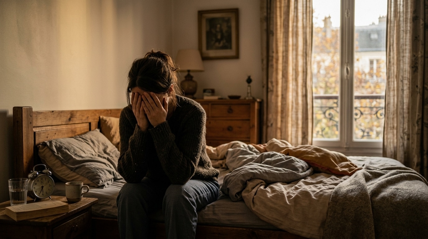 Femme fatiguée assise au bord de son lit au réveil