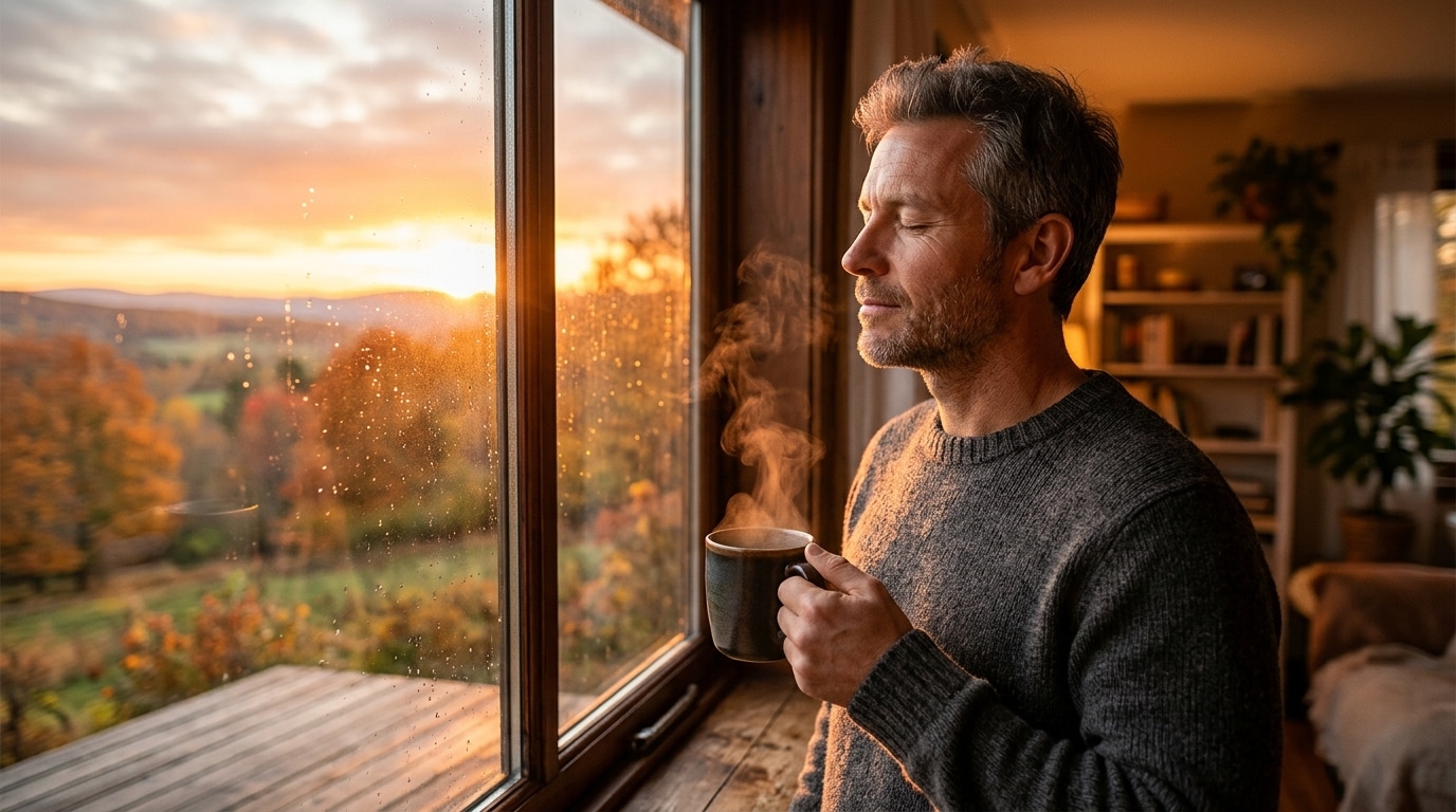 Homme au lever du soleil devant sa fenêtre avec un café