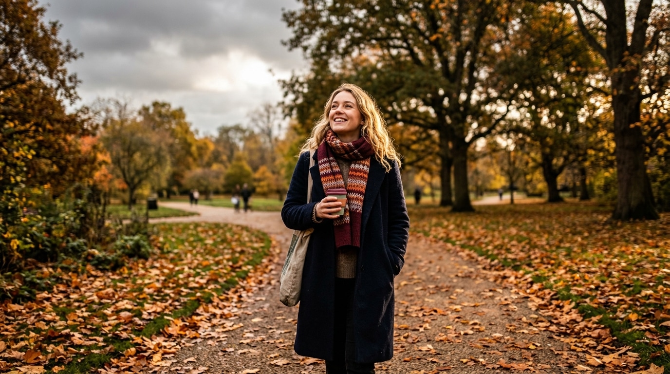 Femme marchant dehors sous la lumière du matin en automne