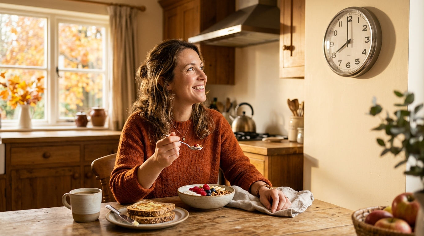 Femme prenant un petit-déjeuner complet près d'une horloge