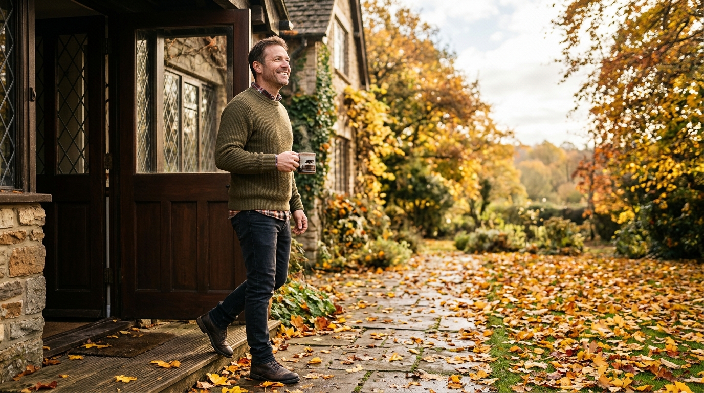 Homme profitant de la lumière du matin en automne