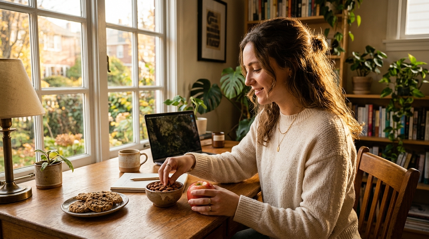 Jeune femme choisissant une collation saine d'amandes et de pomme