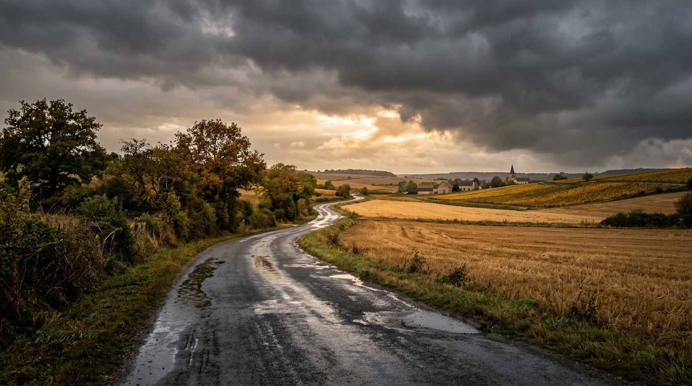 Route de campagne sous nuages de pluie à l'horizon
