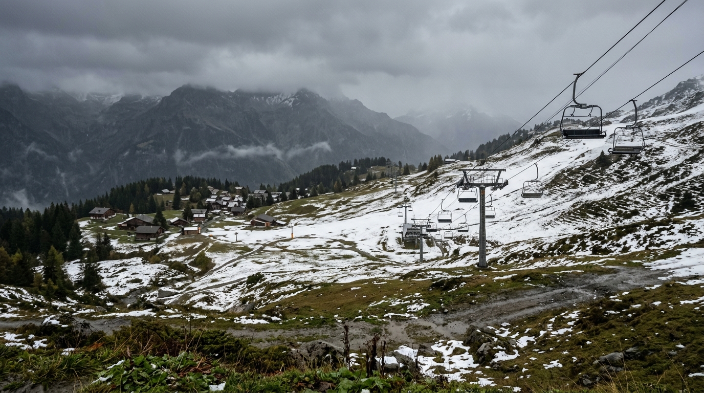 Piste de ski à moitié enneigée sous ciel gris