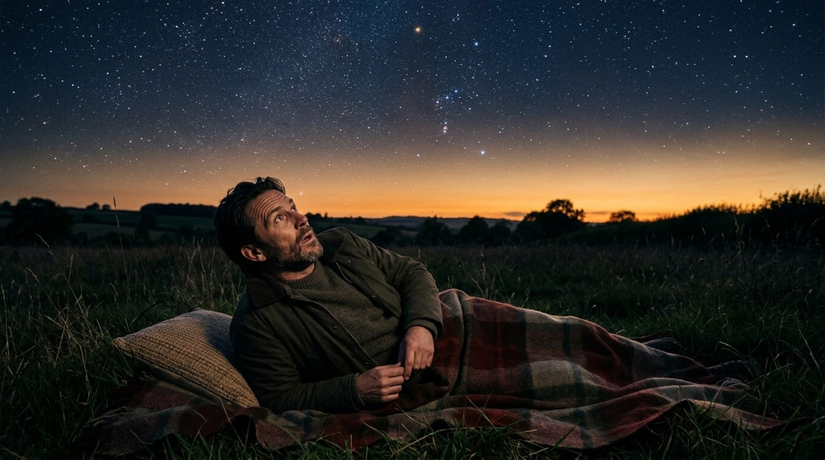 Homme allongé dans un champ regardant le ciel étoilé