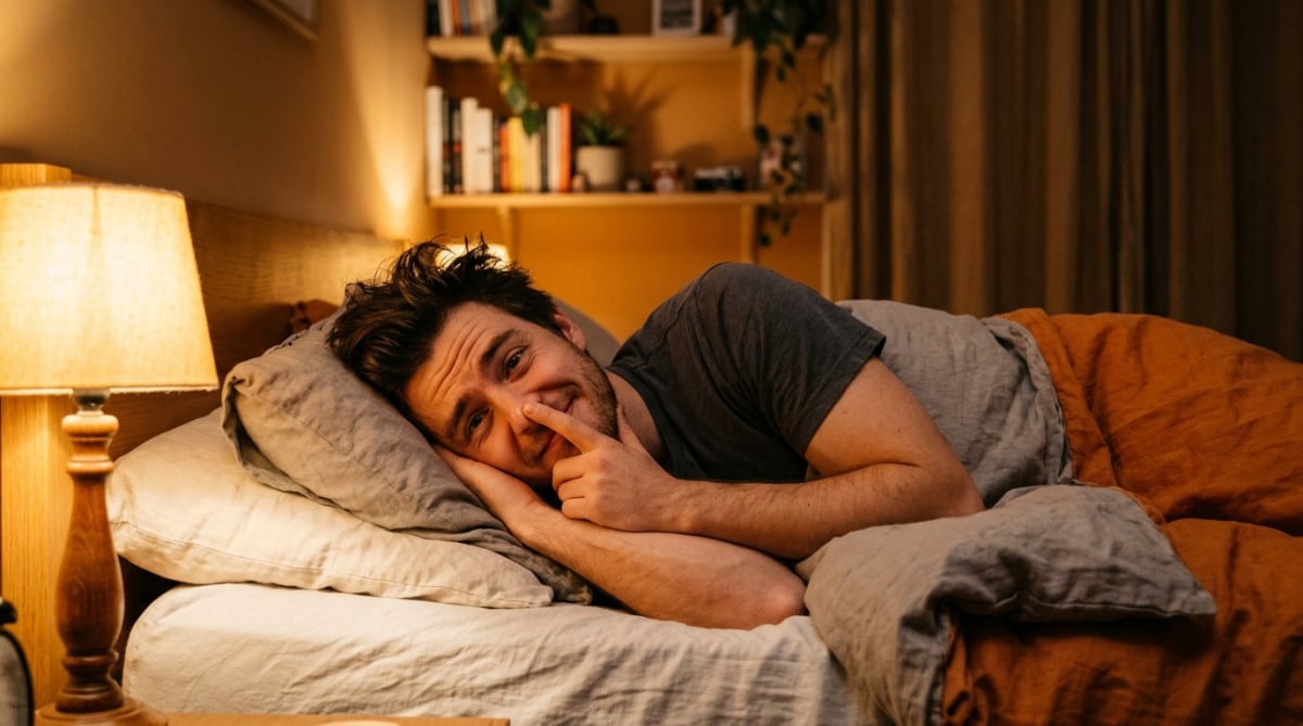 Homme allongé la main sur le nez dans sa chambre