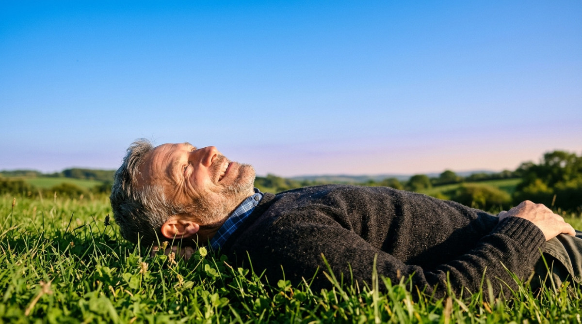 Homme allongé regardant le ciel bleu avec curiosité