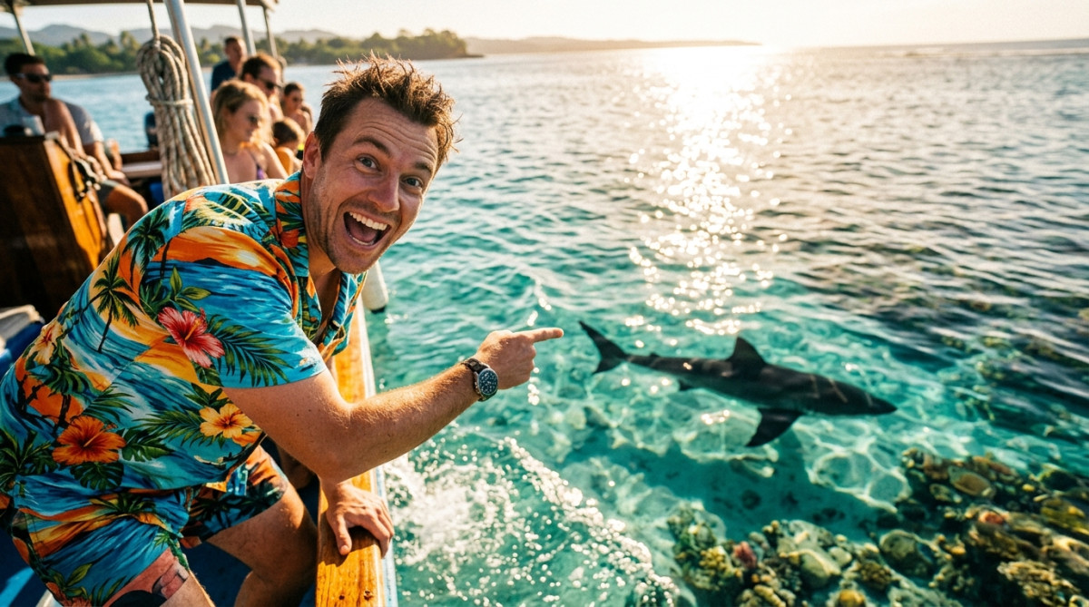 Homme amusé devant un requin dans l'eau turquoise