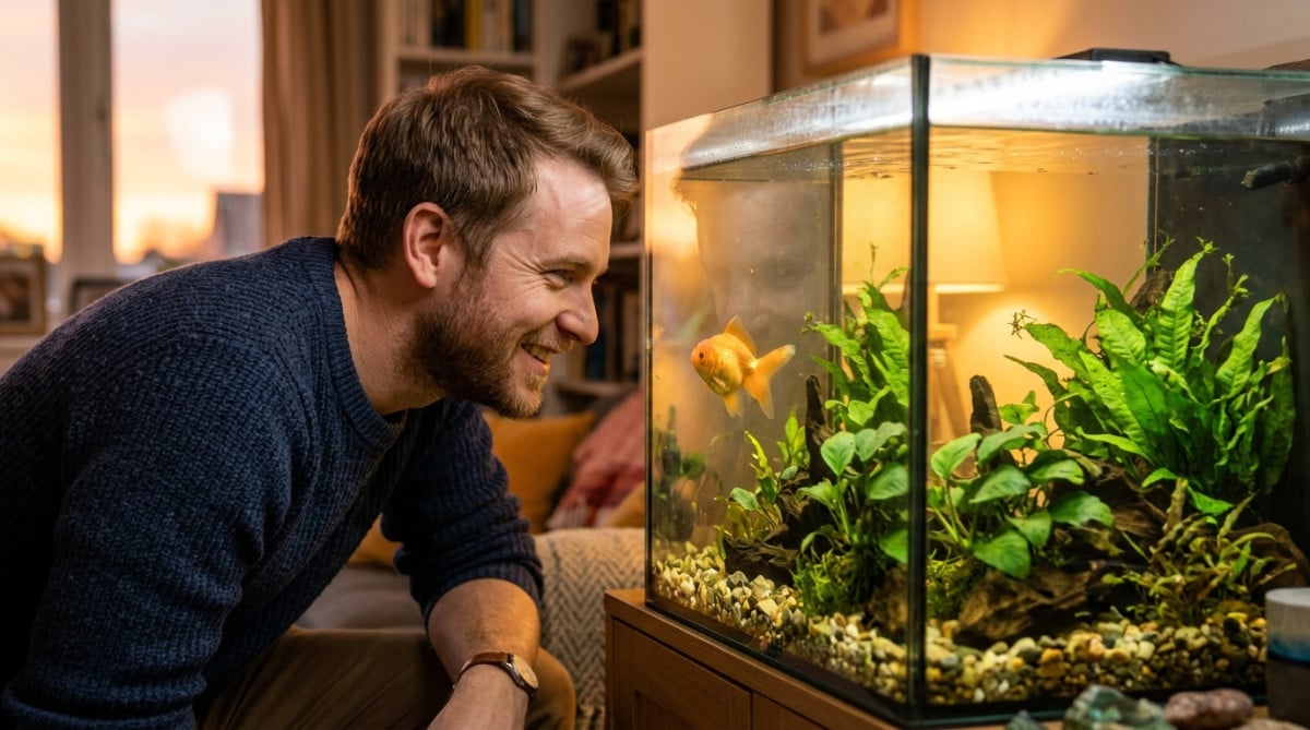 Homme amusé observant un poisson rouge dans son aquarium