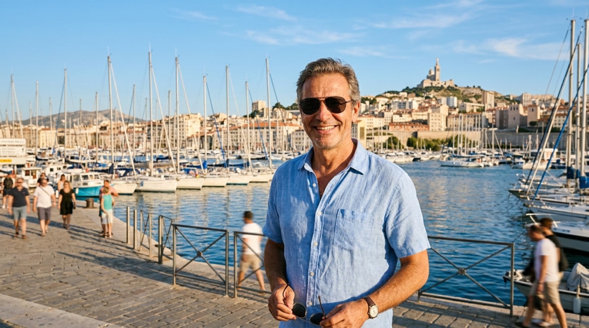 Homme au soleil sur le Vieux-Port de Marseille