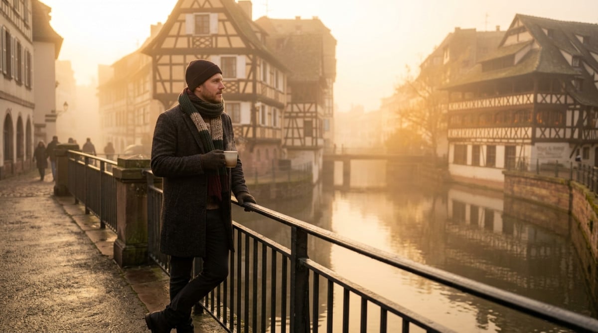 Homme avec café dans le brouillard matinal à Strasbourg