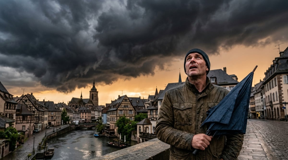 Homme avec parapluie face à un ciel d'orage sur une ville de l'Est