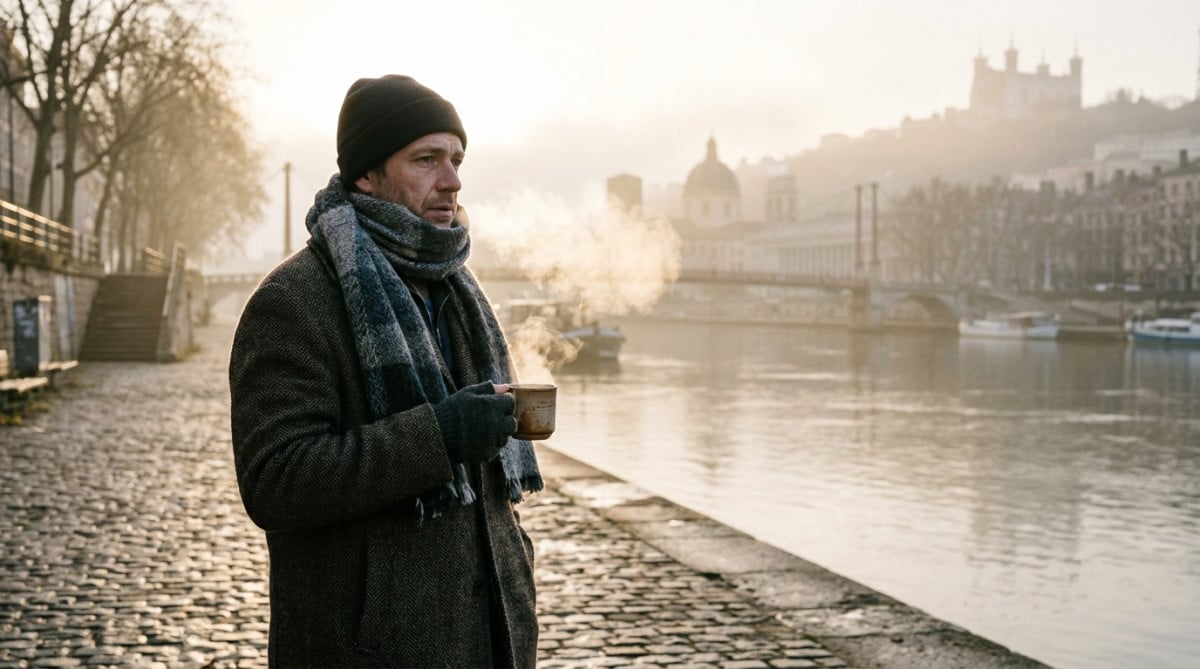 Homme avec un café dans le brouillard matinal à Lyon