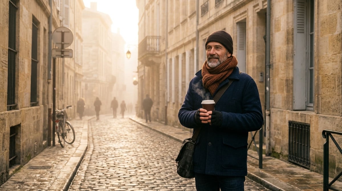 Homme avec un café dans les rues brumeuses de Bordeaux