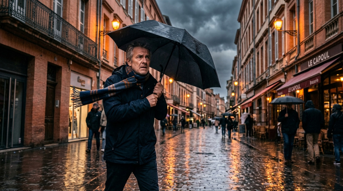 Homme avec un parapluie sous un ciel d'orage à Toulouse