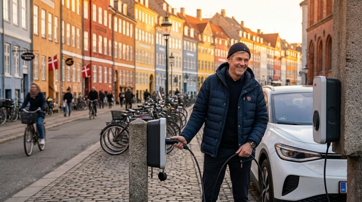 Homme branchant sa voiture électrique à Copenhague