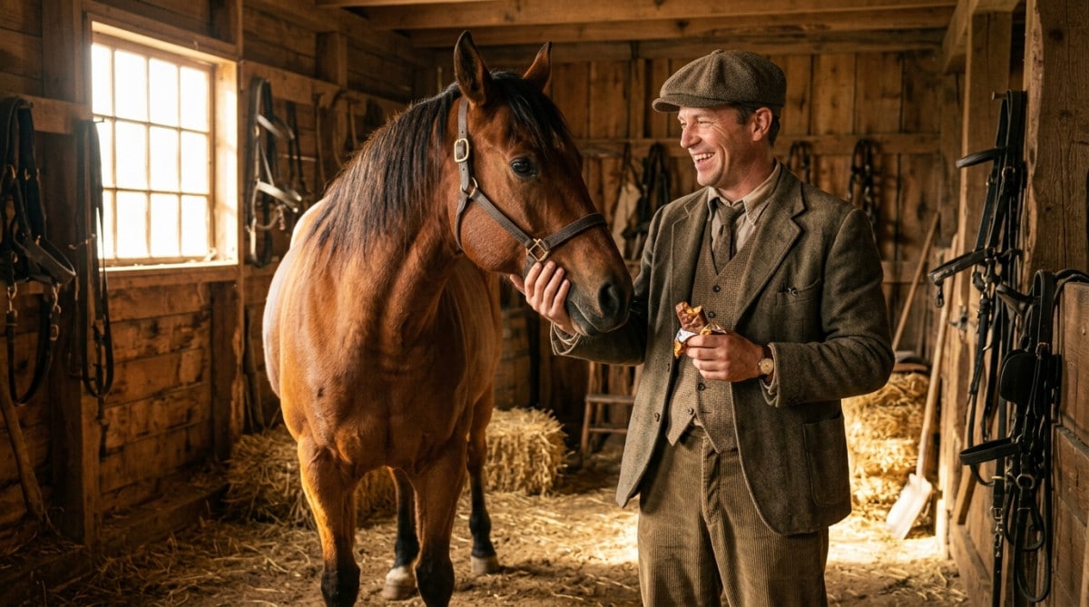 Homme caressant un cheval avec une barre chocolatée