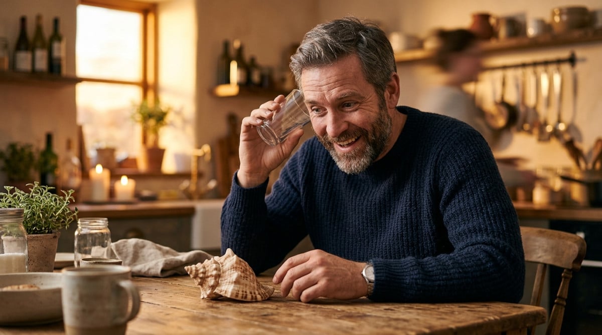 Homme collant un verre vide à son oreille