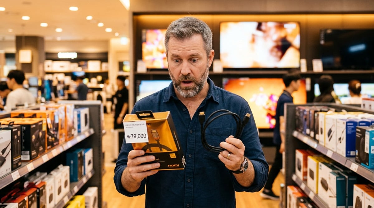 Homme comparant deux câbles HDMI en magasin