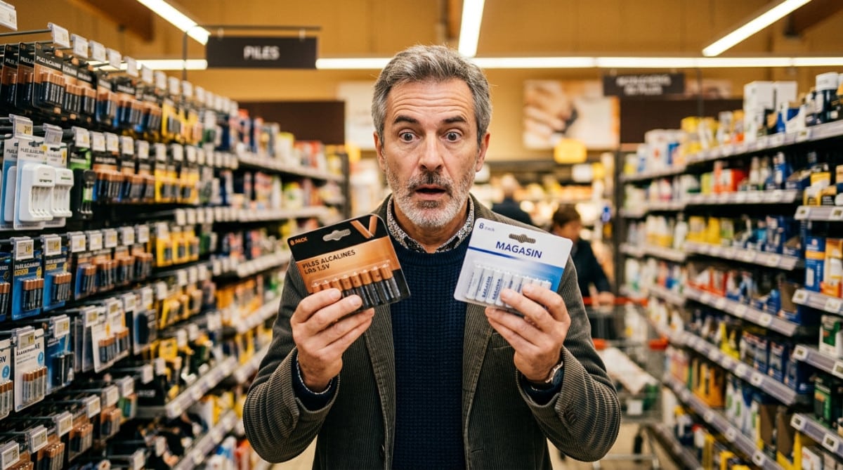Homme comparant deux paquets de piles au supermarché