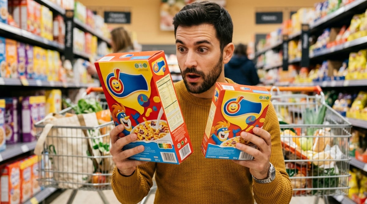 Homme comparant deux paquets de tailles différentes en rayon