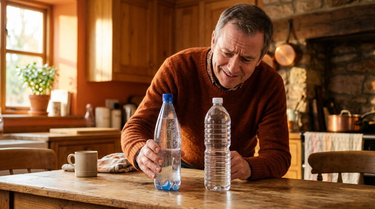 Homme comparant le fond de deux bouteilles d'eau sur une table