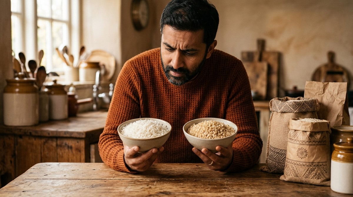 Homme comparant un bol de riz blanc et de riz complet