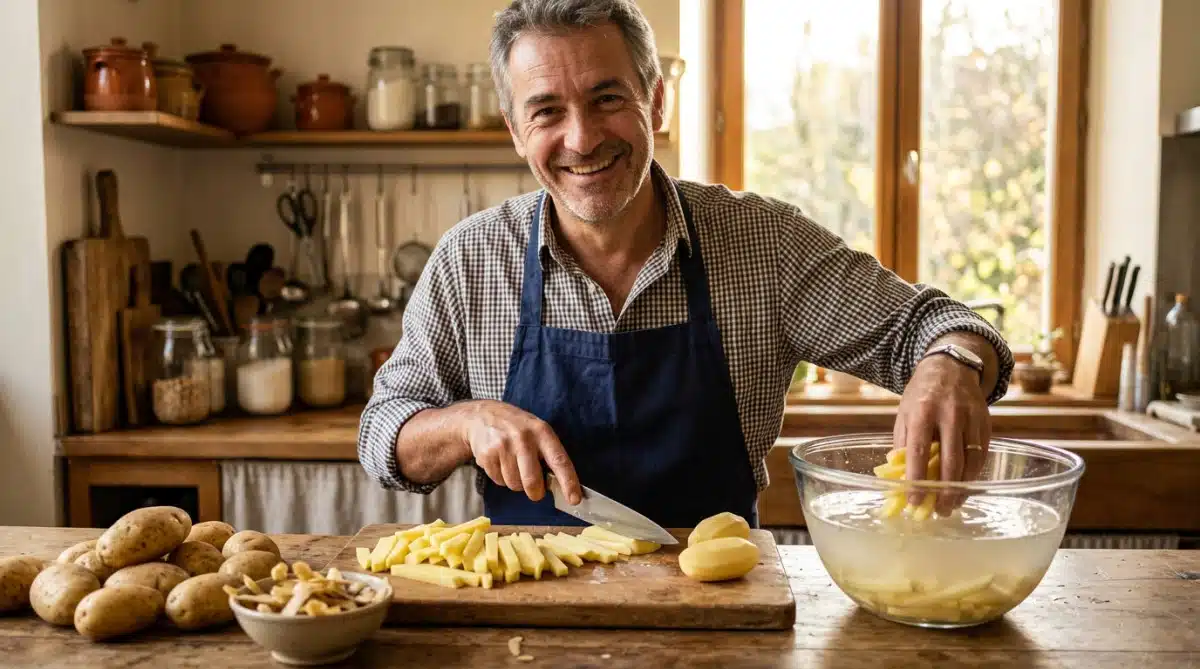 Homme coupant des pommes de terre en bâtonnets avant le trempage