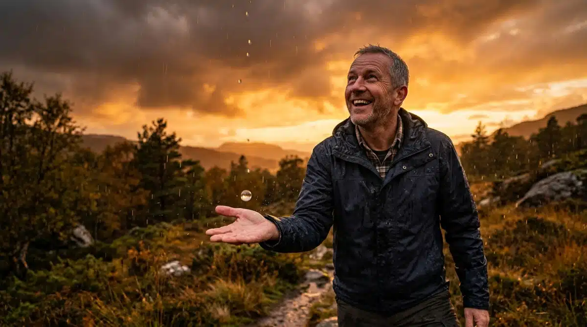 Homme curieux regardant la pluie sous un ciel orangé