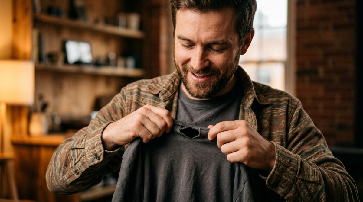 Homme déchirant un t-shirt à partir d'une petite entaille