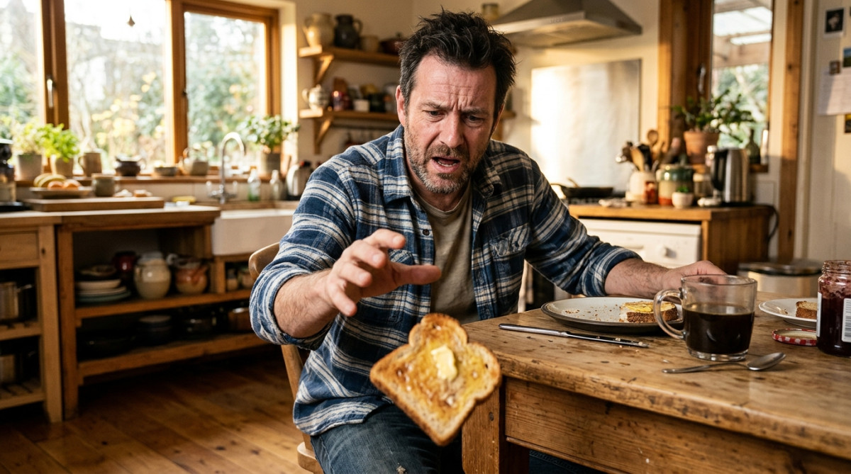 Homme dépité regardant sa tartine tomber de la table