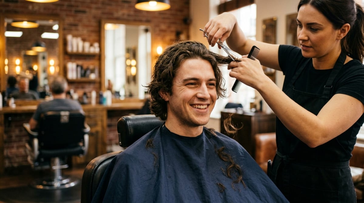 Homme détendu chez le coiffeur pendant la coupe