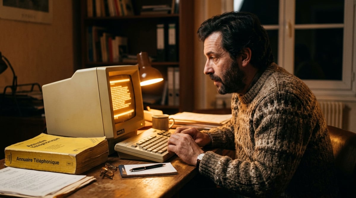 Homme devant un Minitel et un annuaire jaune dans les années 80