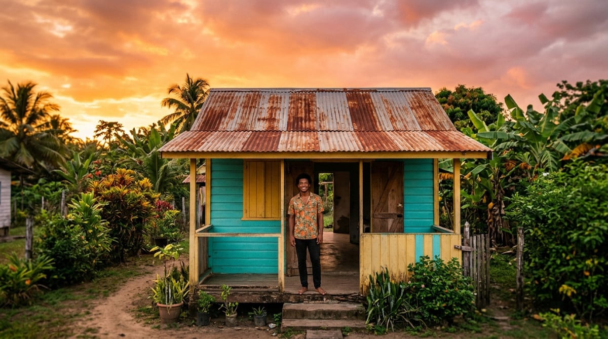 Homme devant une maison vide en Guyane au coucher du soleil