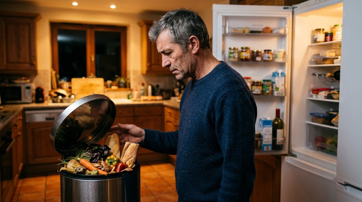 Homme devant une poubelle de cuisine remplie de restes alimentaires