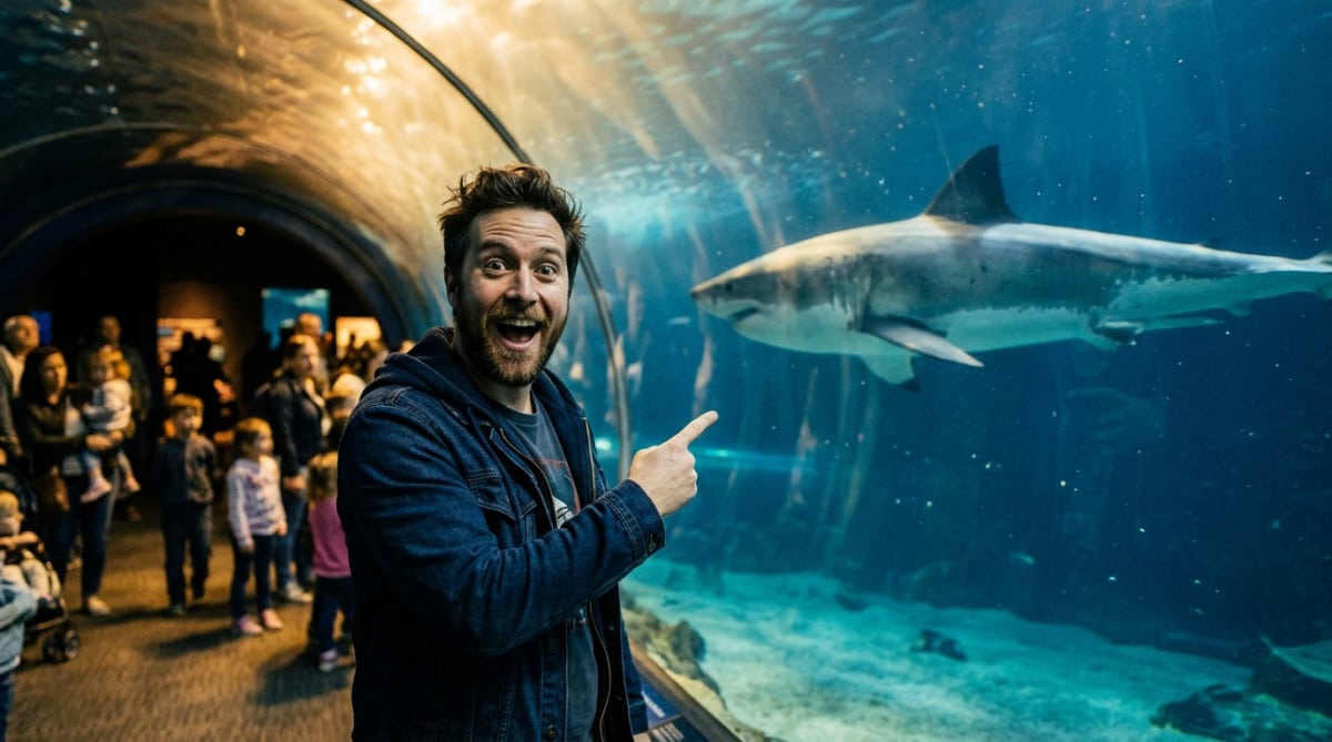Homme émerveillé devant un grand requin blanc en aquarium
