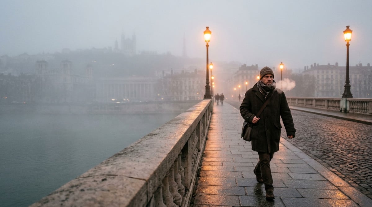 Homme emmitouflé sur un pont de Lyon dans le brouillard