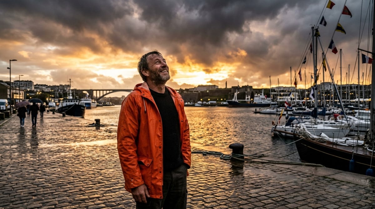 Homme en ciré orange sur le port de Brest