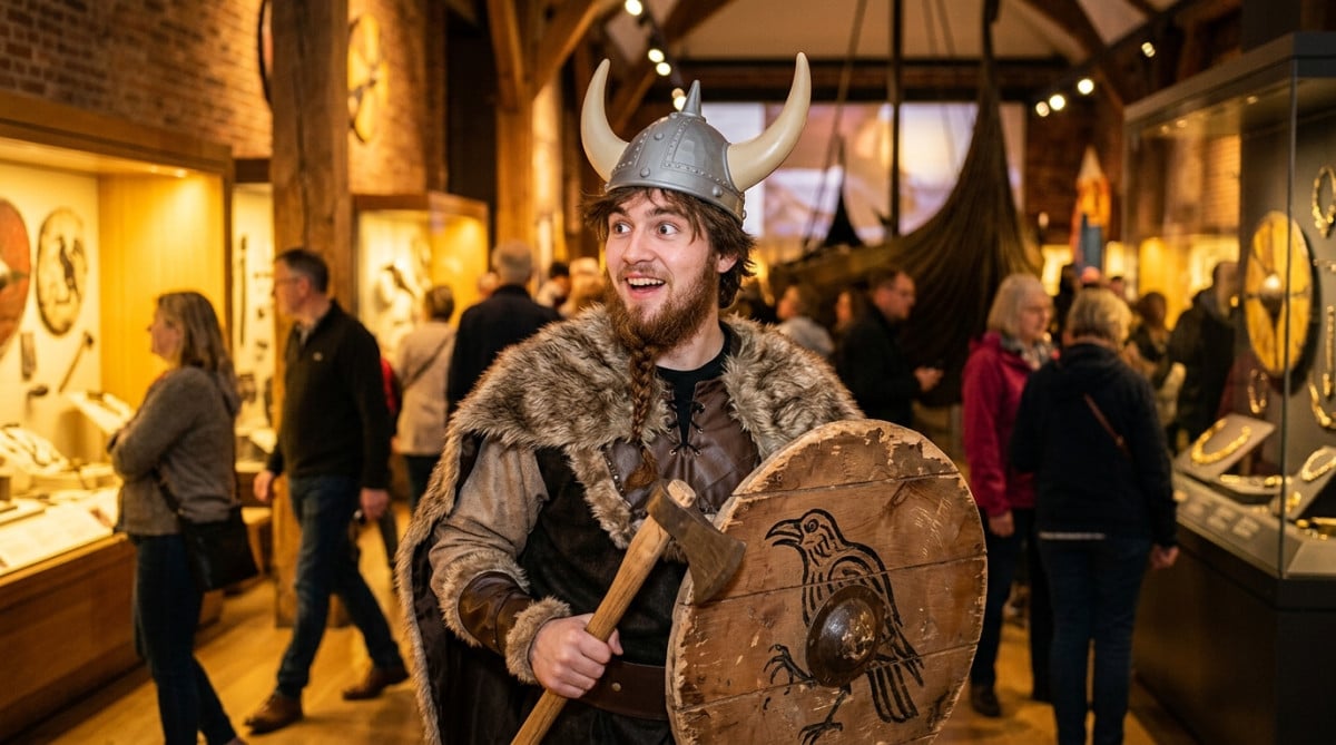 Homme en costume de Viking à casque à cornes
