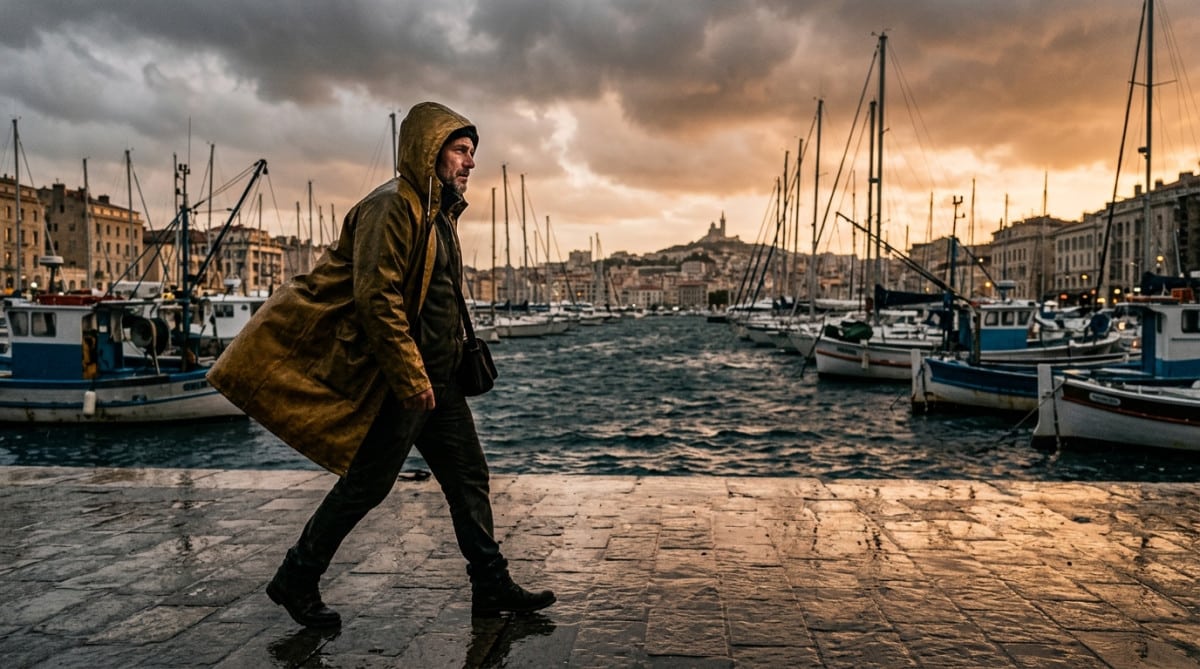 Homme en imperméable face au vent sur le Vieux-Port de Marseille