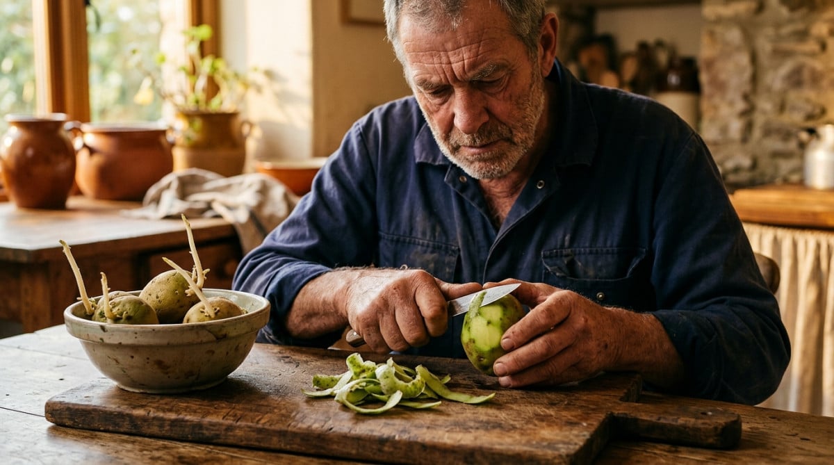Homme épluchant les zones vertes d'une pomme de terre