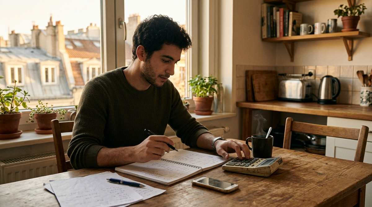 Homme étudiant son budget mensuel à sa table de cuisine