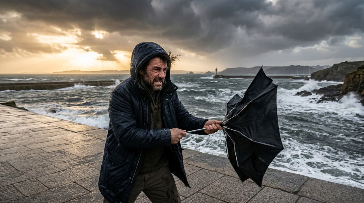Homme face au vent et à la pluie sur le front de mer de Brest