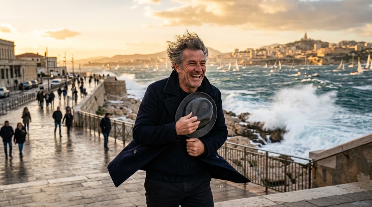 Homme face au vent sur le front de mer à Marseille