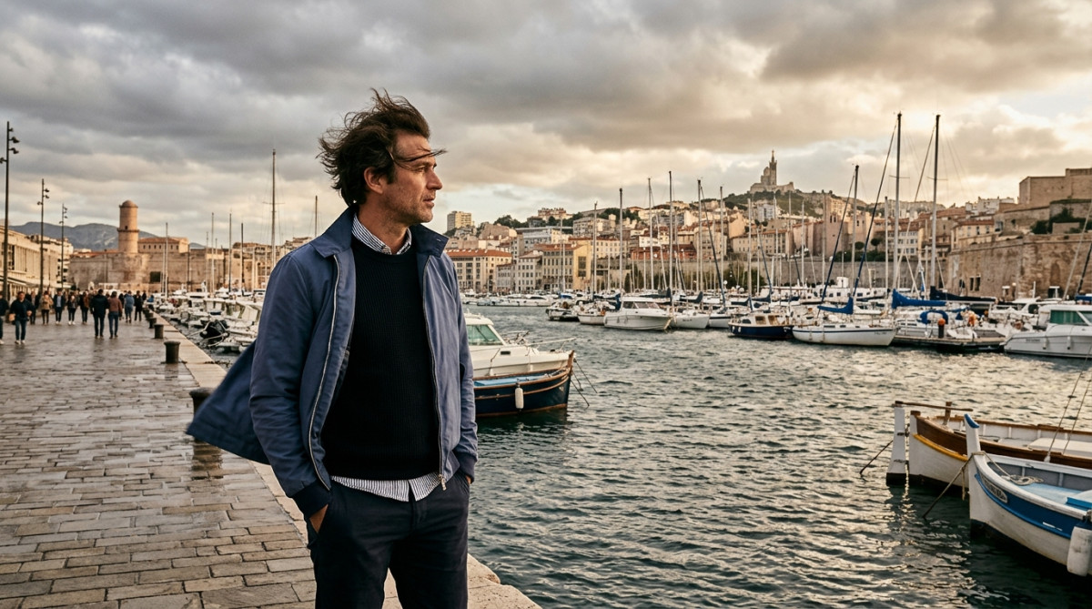 Homme face au vent sur le Vieux-Port de Marseille