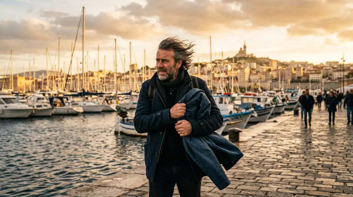 Homme face au vent sur le Vieux-Port de Marseille