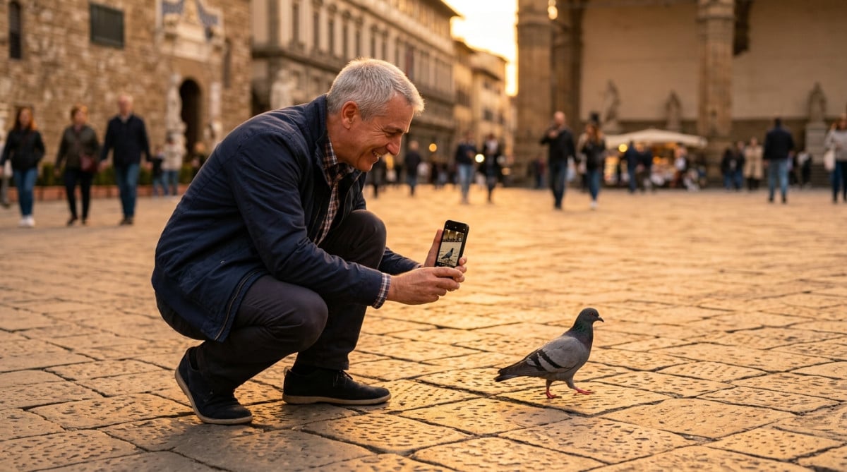 Homme filmant un pigeon qui marche sur une place