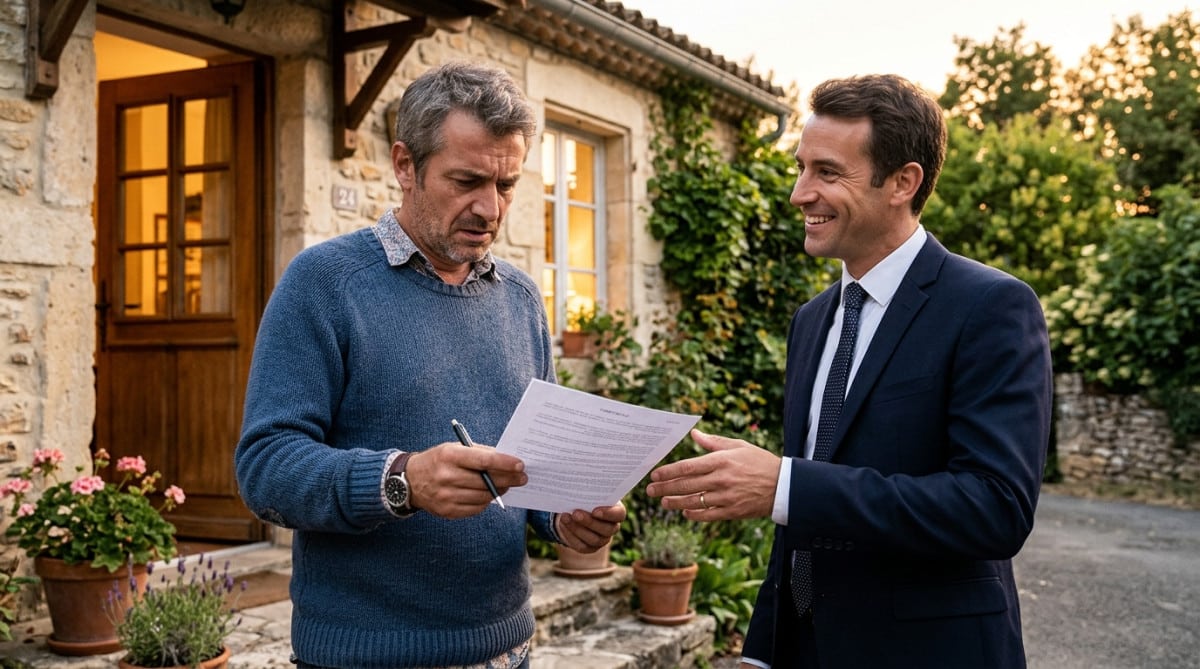 Homme inquiet face à un démarcheur et un contrat