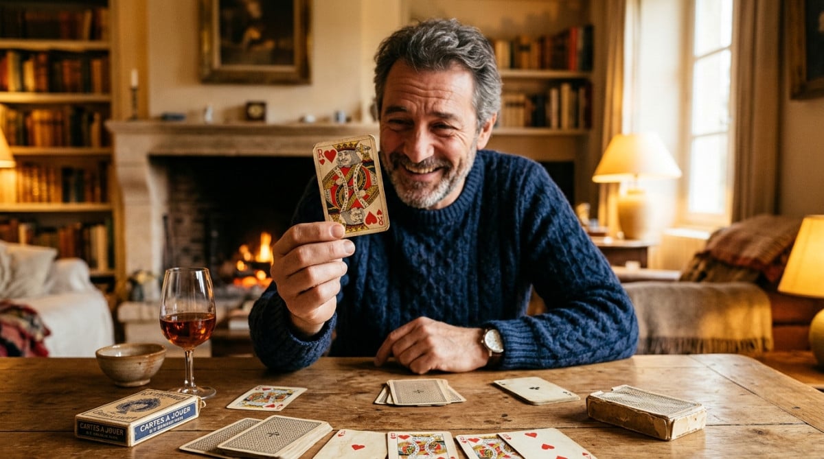 Homme intrigué observant un roi de cœur