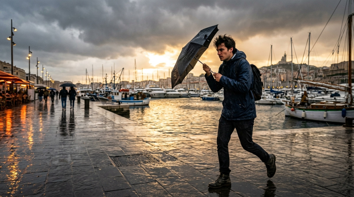 Homme luttant contre le vent et la pluie sur le port de Marseille